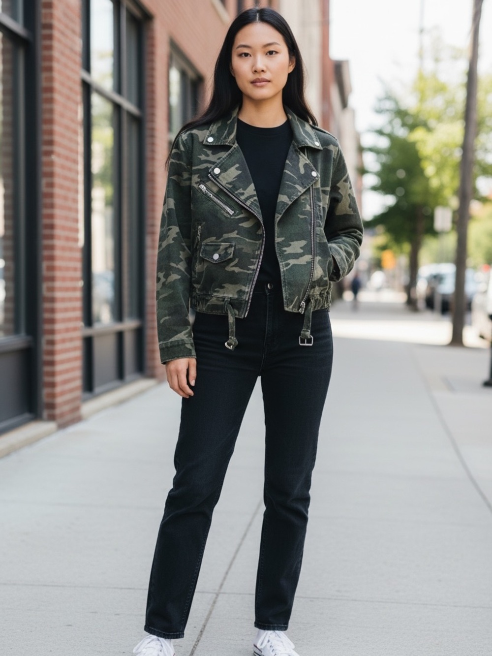 Elan Camo Moto Jacket Denim Cropped NEW